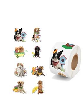 Roll of 500 Cute Spring Dog Sticker Roll - Colorful Puppy Designs